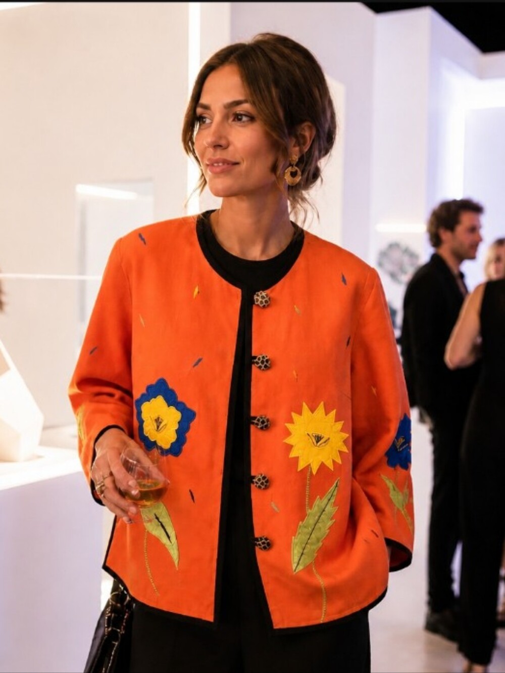 Allure Orange Floral Embroidered Jacket with Black Trim